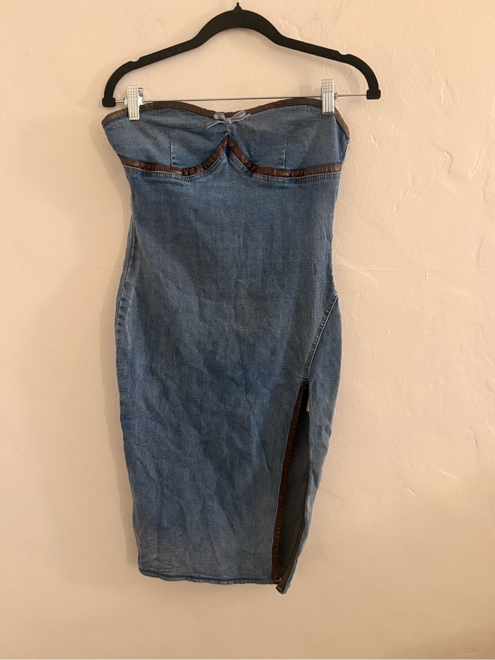 Strapless Denim Midi Dress with Contrast Trim